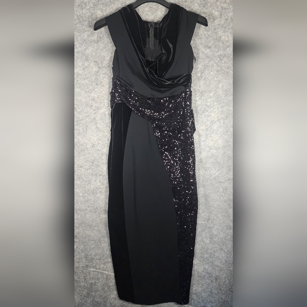 Talbot Runhof Sequin and Velvet Mixed Media Black Midi Cocktail Dress Size 12